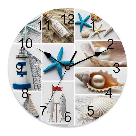 Wall Clock 14 Inch Coastal Beach Themed Round Silent Decorative Wall Clocks Battery Operated for Living Room Bedroom Kitchen Classroom Decor, Summer Ocean Starfish Shell Boat,Large