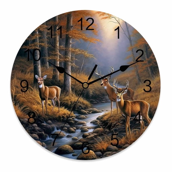 Wall Clock 14 Inch Fall Forest Rustic Deer Round Silent Decorative Wall Clocks Battery Operated for Living Room Bedroom Kitchen Classroom Decor, Nature Creeks Rock,Large