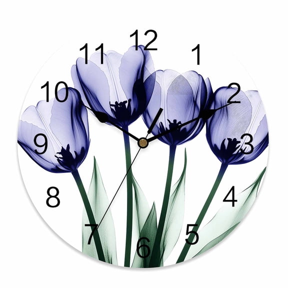 Wall Clock 14 Inch Lavender Purple Tulip Floral Round Silent Decorative Wall Clocks Battery Operated for Living Room Bedroom Kitchen Classroom Decor, Watercolor Flowers,Large