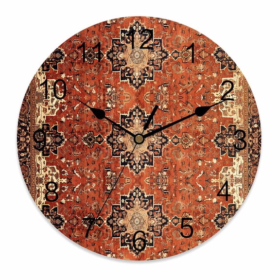 Wall Clock 14 Inch Orange Boho Floral Round Silent Decorative Wall Clocks Battery Operated for Living Room Bedroom Kitchen Classroom Decor, Medieval Ethnic Vintage Texture,Large