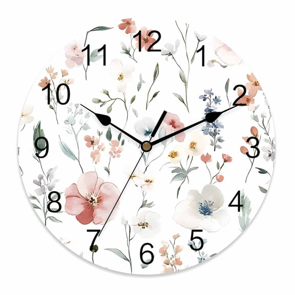 Wall Clock 14 Inch Pastel Watercolor Floral Round Silent Decorative Wall Clocks Battery Operated for Living Room Bedroom Kitchen Classroom Decor, Rustic Spring,Large