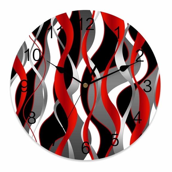 Wall Clock 14 Inch Red Black Grey Abstract Stripe Round Silent Decorative Wall Clocks Battery Operated for Living Room Bedroom Kitchen Classroom Decor, Modern Twisted Lines,Large