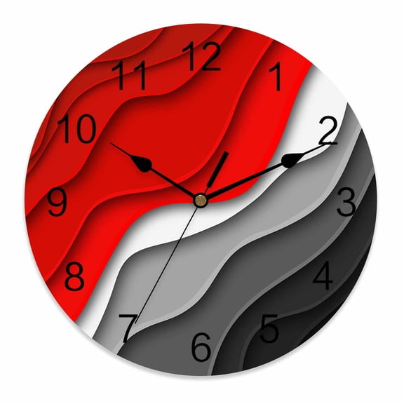 Wall Clock 14 Inch Red Gray Beach Coastal Round Silent Decorative Wall Clocks Battery Operated for Living Room Bedroom Kitchen Classroom Decor, Abstract Geometric Ocean Waves,Large