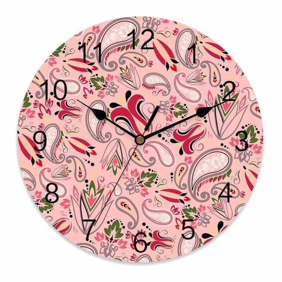Wall Clock 14 Inch Retro Abstract Floral Round Silent Decorative Wall Clocks Battery Operated for Living Room Bedroom Kitchen Classroom Decor, Paisley Pattern Pink,Large