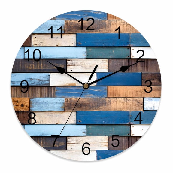 Wall Clock 14 Inch Rustic Coastal Round Silent Decorative Wall Clocks Battery Operated for Living Room Bedroom Kitchen Classroom Decor, Ocean Sea Wood Textured Blue Brown,Large