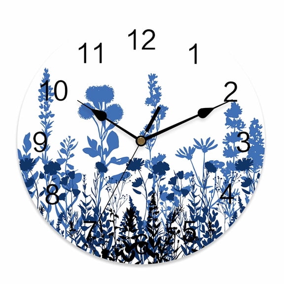 Wall Clock 14 Inch Rustic Field Round Silent Decorative Wall Clocks Battery Operated for Living Room Bedroom Kitchen Classroom Decor, Silhouette Flower Herb Blue,Large