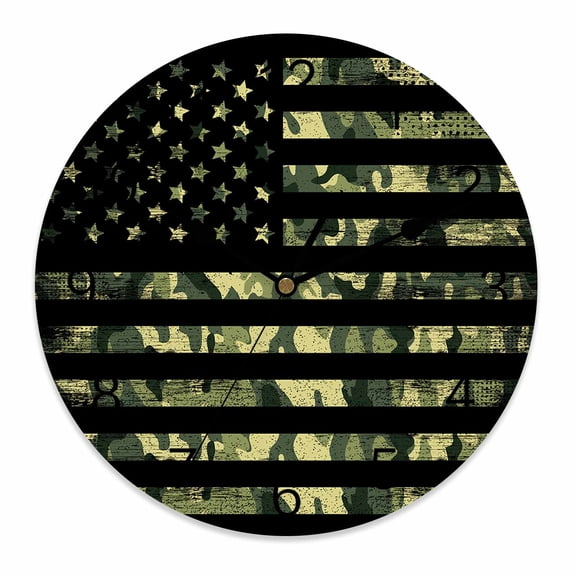 Wall Clock 14 Inch Rustic Green Camo Military Pattern American Flag Round Silent Decorative Wall Clocks Battery Operated for Living Room Bedroom Kitchen Classroom Decor, Camouflage,Large