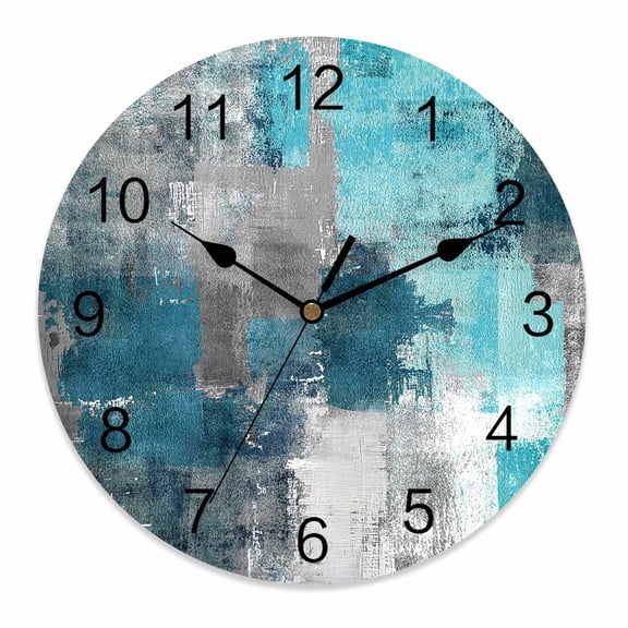 Wall Clock 14 Inch Teal Gray Graffiti Block Round Silent Decorative Wall Clocks Battery Operated for Living Room Bedroom Kitchen Classroom Decor, Modern Abstract Texture Art,Large