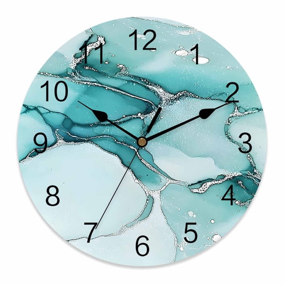 Wall Clock 14 Inch Turquoise Marble Texture Round Silent Decorative Wall Clocks Battery Operated for Living Room Bedroom Kitchen Classroom Decor, Green Abstract Art,Large