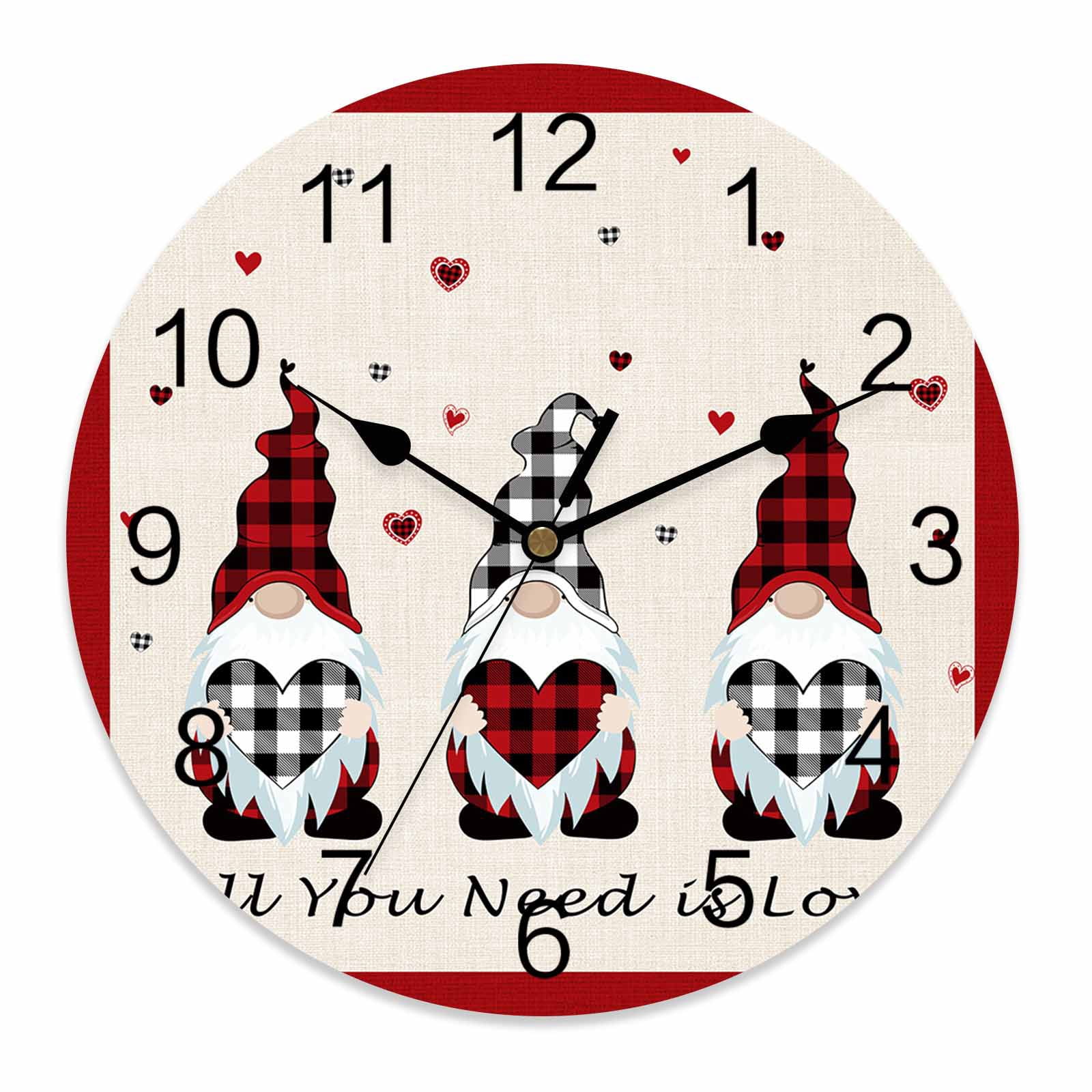 Wall Clock 14 Inch Valentines Day Gnomes Round Silent Decorative Wall ...