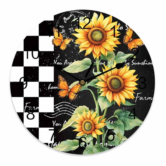 Wall Clock 14 Inch Vintage Sunflower Butterfly Round Silent Decorative Wall Clocks Battery Operated for Living Room Bedroom Kitchen Classroom Decor, Farmhouse Black White Checkered Plaid,Large