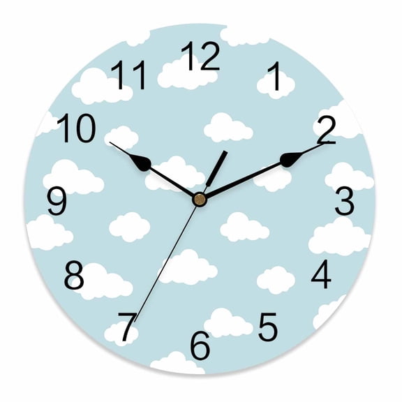 Wall Clock 14 Inch White Clouds Pattern Round Silent Decorative Wall Clocks Battery Operated for Living Room Bedroom Kitchen Classroom Decor, Sky Blue,Large