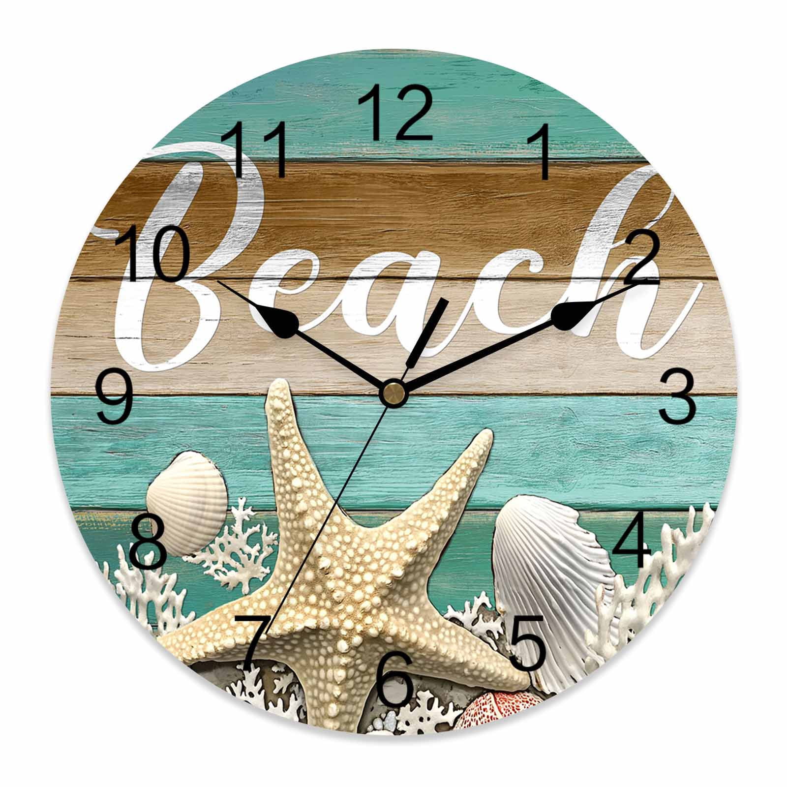 Wall Clock 14 inch Beach Starfish Conch Battery Operated Clocks Silent ...