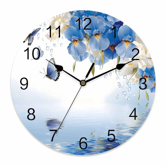 Wall Clock 14 inch Blue Butterfly Battery Operated Clocks Silent Non-Ticking Wallclock Floral Clear Lake Reflection Round Decorative Wall Clocks for Home Office School