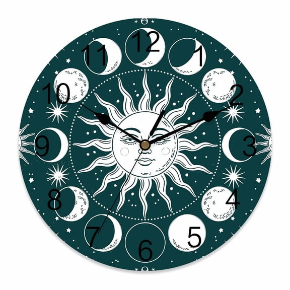 Wall Clock 14 inch Bohemian Sun Moon Texture Battery Operated Clocks Silent Non-Ticking Wallclock Ethnic Style Round Decorative Wall Clocks for Home Office School