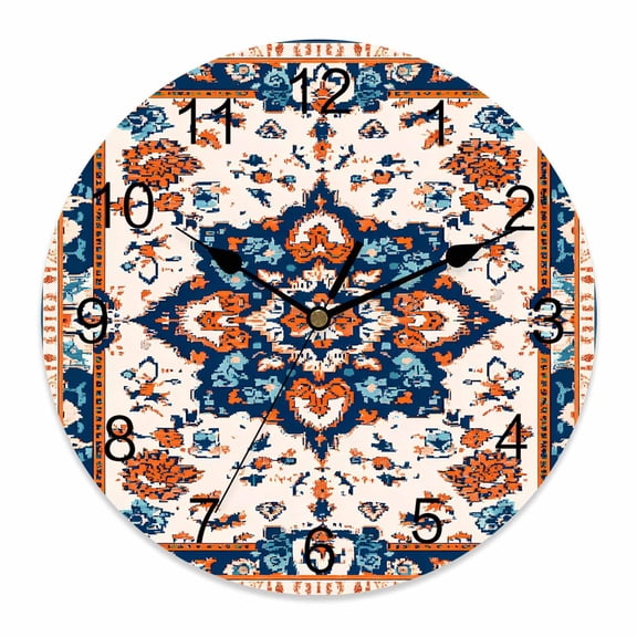 Wall Clock 14 inch Boho Flowers Retro Floral Battery Operated Clocks Silent Non-Ticking Wallclock Abstract Ethnic Style Orange Round Decorative Wall Clocks for Home Office School