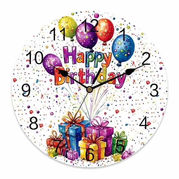 Wall Clock 14 inch Happy Birthday Battery Operated Clocks Silent Non-Ticking Wallclock Colorful Balloons Round Decorative Wall Clocks for Home Office School