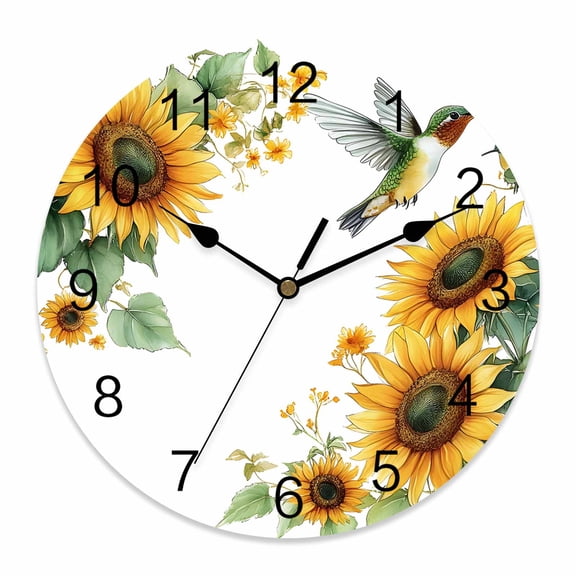 Wall Clock 14 inch Hummingbird Flower Battery Operated Clocks Silent Non-Ticking Wallclock Yellow Sunflower Round Decorative Wall Clocks for Home Office School