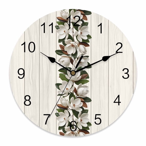 Wall Clock 14 inch Magnolia Flower Battery Operated Clocks Silent Non-Ticking Wallclock Wood Grain Round Decorative Wall Clocks for Home Office School