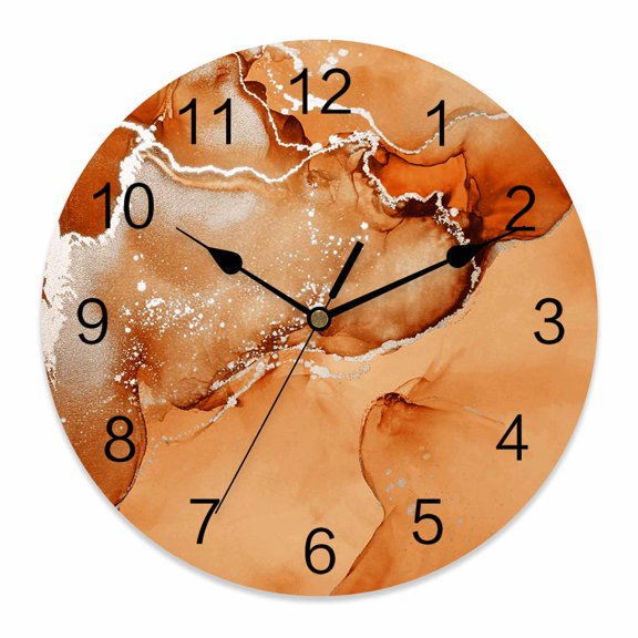 Wall Clock 14 inch Orange Marble Battery Operated Clocks Silent Non-Ticking Wallclock Abstract Waves Cloud Round Decorative Wall Clocks for Home Office School