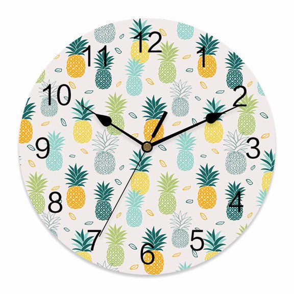 Wall Clock 14 inch Pineapple Hand Drawn Battery Operated Clocks Silent Non-Ticking Wallclock Summer Tropical Fruit Round Decorative Wall Clocks for Home Office School