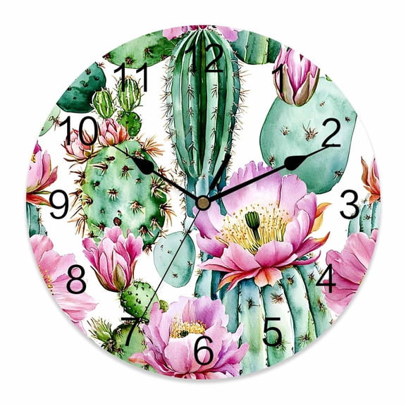 Wall Clock 14 inch Pink White Flowers Battery Operated Clocks Silent Non-Ticking Wallclock Green Cactus Round Decorative Wall Clocks for Home Office School