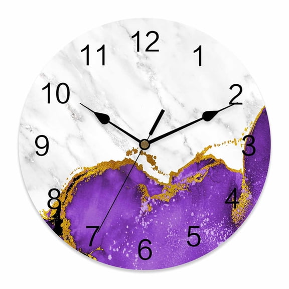 Wall Clock 14 inch Purple Marble Texture Battery Operated Clocks Silent Non-Ticking Wallclock White Modern Abstract Art Round Decorative Wall Clocks for Home Office School