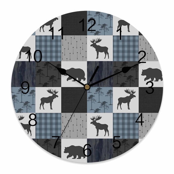 Wall Clock 14 inch Retro Buffalo Check Battery Operated Clocks Silent Non-Ticking Wallclock Forest Bear Deer Round Decorative Wall Clocks for Home Office School
