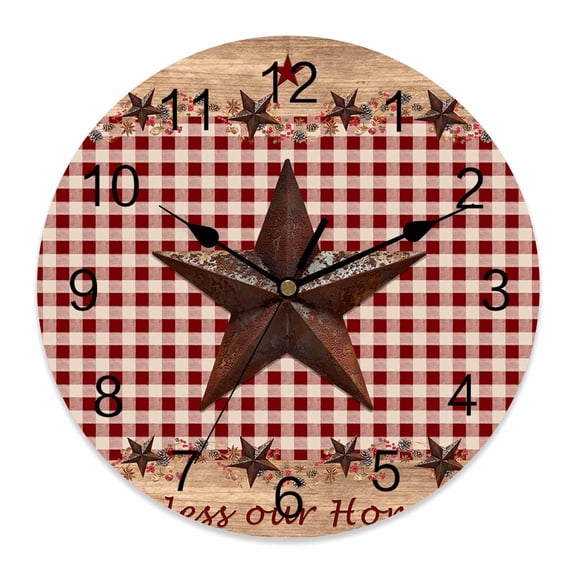 Wall Clock 14 inch Retro Country Star Farmhouse Battery Operated Clocks Silent Non-Ticking Wallclock Red White Plaid Round Decorative Wall Clocks for Home Office School