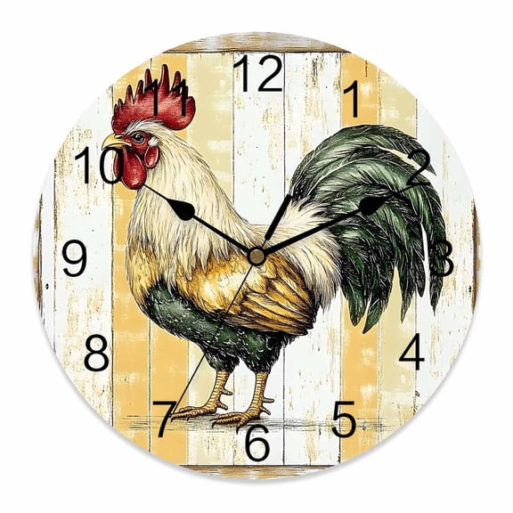 Wall Clock 14 inch Retro Rooster Battery Operated Clocks Silent Non-Ticking Wallclock Yellow White Wood Grain Round Decorative Wall Clocks for Home Office School