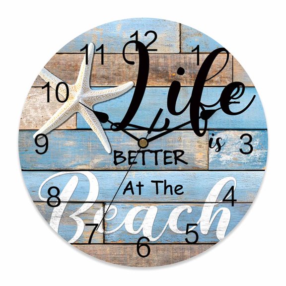 Wall Clock 14 inch Retro Wood Grain Battery Operated Clocks Silent Non-Ticking Wallclock Starfish Beach Blue Brown Round Decorative Wall Clocks for Home Office School