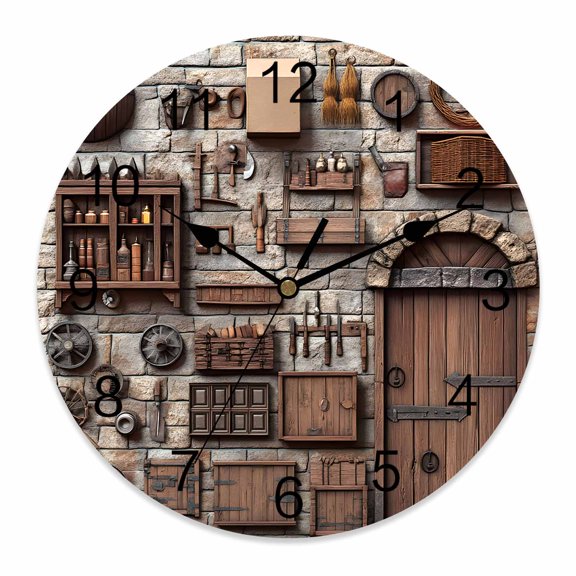 Wall Clock 14 inch Rustic Medieval Tools Battery Operated Clocks Silent Non-Ticking Wallclock Retro Door Wall Round Decorative Wall Clocks for Home Office School