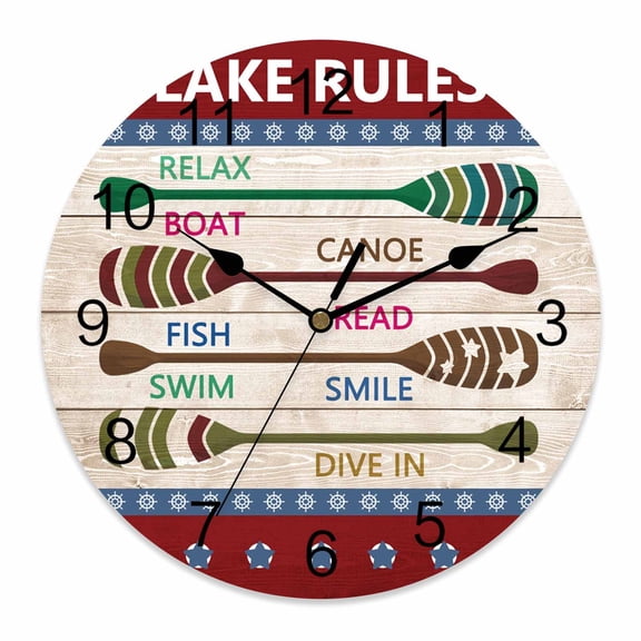 Wall Clock 14 inch Summer Lake Rules Battery Operated Clocks Silent Non-Ticking Wallclock Quant Star Stripes Wood Grain Round Decorative Wall Clocks for Home Office School