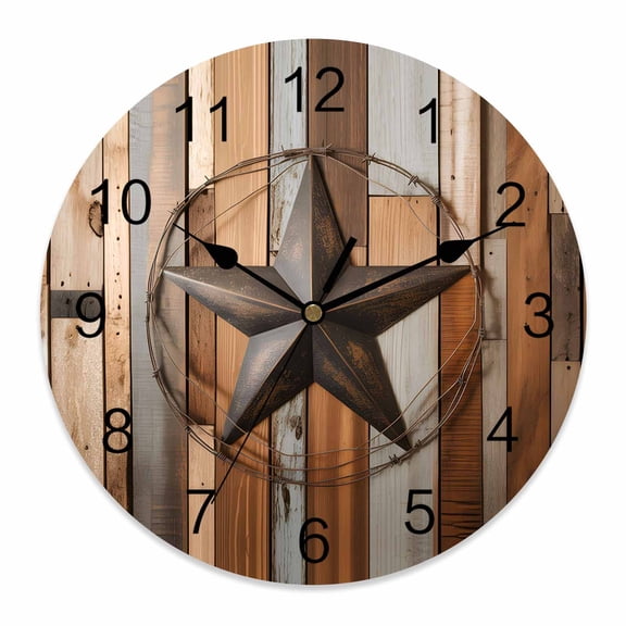 Wall Clock 14 inch Texas Star Wooden Battery Operated Clocks Silent Non-Ticking Wallclock Rustic Wood Grain Round Decorative Wall Clocks for Home Office School