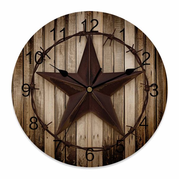 Wall Clock 14 inch Texas Stars Wood Grain Battery Operated Clocks Silent Non-Ticking Wallclock Rustic Wooden Round Decorative Wall Clocks for Home Office School