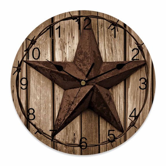 Wall Clock 14 inch Texas Stars Wooden Battery Operated Clocks Silent Non-Ticking Wallclock Rustic Wood Grain Round Decorative Wall Clocks for Home Office School