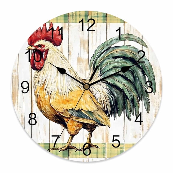Wall Clock 14 inch Vintage Rooster Battery Operated Clocks Silent Non-Ticking Wallclock Green White Wood Grain Round Decorative Wall Clocks for Home Office School