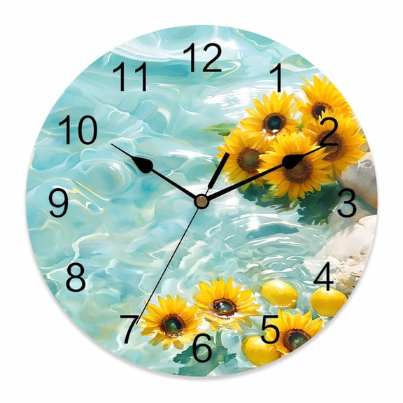 Wall Clock 14 inch Watercolor Blue Lake Sunflower Battery Operated Clocks Silent Non-Ticking Wallclock Lemon Round Decorative Wall Clocks for Home Office School