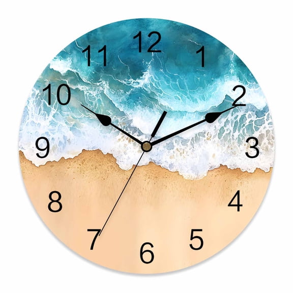Wall Clock 14 inch Watercolor Blue Ocean Beach Battery Operated Clocks Silent Non-Ticking Wallclock White Wave Round Decorative Wall Clocks for Home Office School
