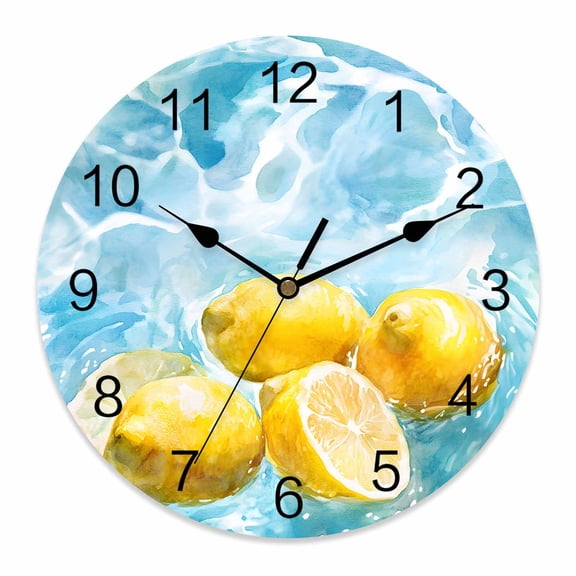 Wall Clock 14 inch Watercolor Lemon Battery Operated Clocks Silent Non-Ticking Wallclock Blue Lake Summer Round Decorative Wall Clocks for Home Office School