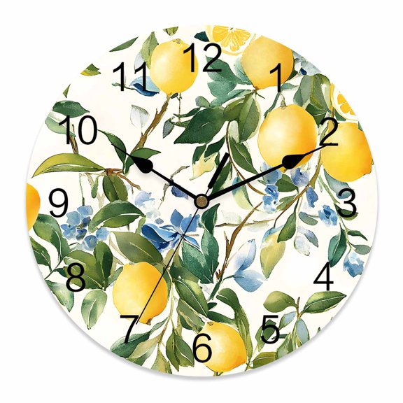 Wall Clock 14 inch Watercolor Lemon Blue Flowers Battery Operated Clocks Silent Non-Ticking Wallclock Branch Leaves Floral Round Decorative Wall Clocks for Home Office School