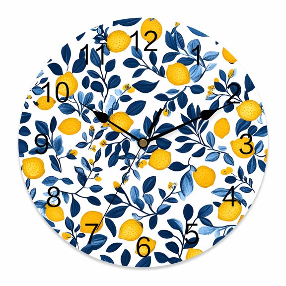 Wall Clock 14 inch Watercolor Yellow Lemon Blue Leaves Battery Operated Clocks Silent Non-Ticking Wallclock Plant Round Decorative Wall Clocks for Home Office School
