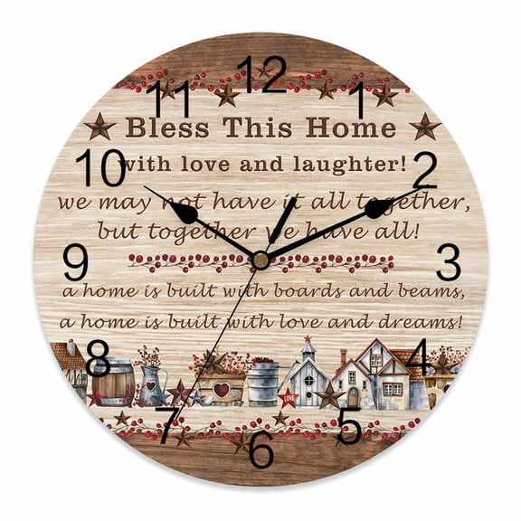 Wall Clock 14 inch Western Star Texas Battery Operated Clocks Silent Non-Ticking Wallclock Red Berries Farmhouse Wood Grain Round Decorative Wall Clocks for Home Office School