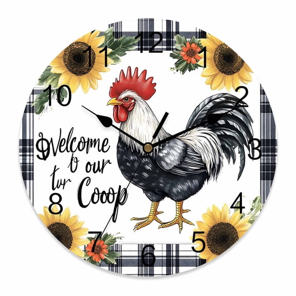 Wall Clock 14 inch White Black Rooster Sunflower Battery Operated Clocks Silent Non-Ticking Wallclock Retro Floral Round Decorative Wall Clocks for Home Office School