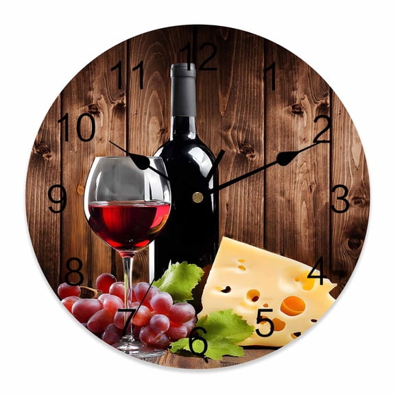 Wall Clock 14 inch Wine Cheese Grapes Battery Operated Clocks Silent Non-Ticking Wallclock Farmhouse Wood Grain Round Decorative Wall Clocks for Home Office School