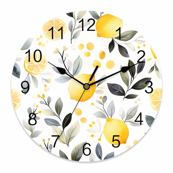 Wall Clock 14 inch Yellow Lemon Battery Operated Clocks Silent Non-Ticking Wallclock Fruit Leaf Round Decorative Wall Clocks for Home Office School