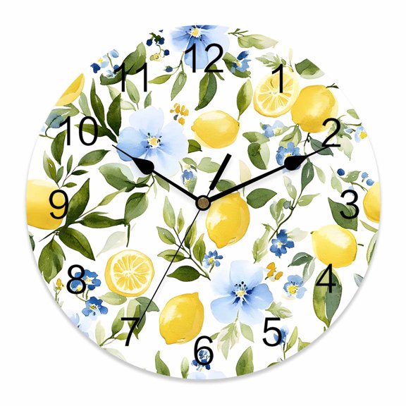 Wall Clock 14 inch Yellow Lemon Blue Flowers Battery Operated Clocks Silent Non-Ticking Wallclock Watercolor Leaf Plant Round Decorative Wall Clocks for Home Office School