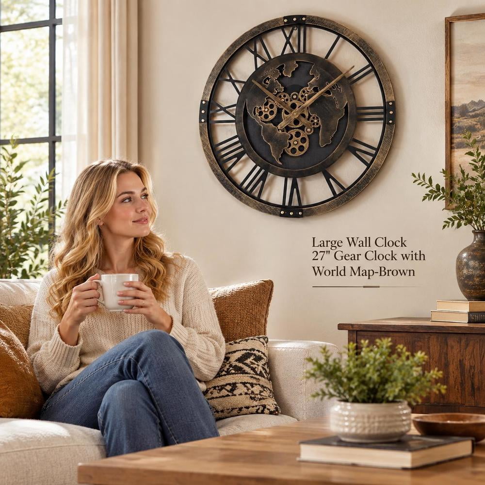 Wall Clock, 27-inch Large Size, Gear Design with World Map, Brown Metal ...