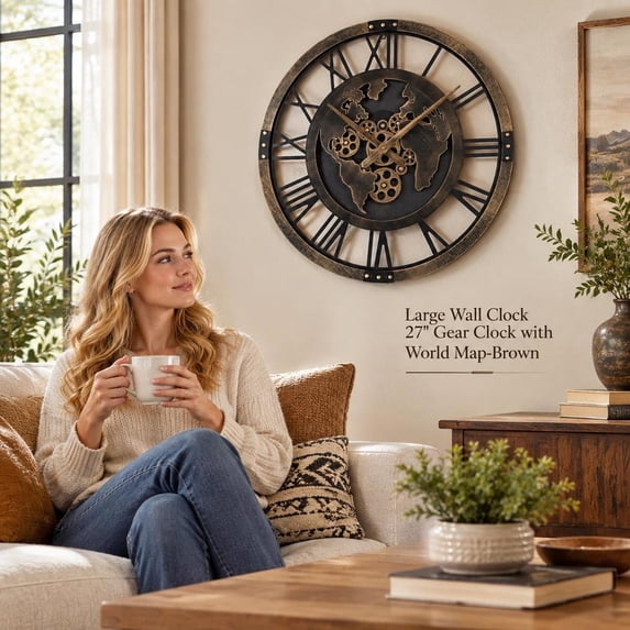 Wall Clock, 27-inch Large Size, Gear Design with World Map, Brown Metal ...