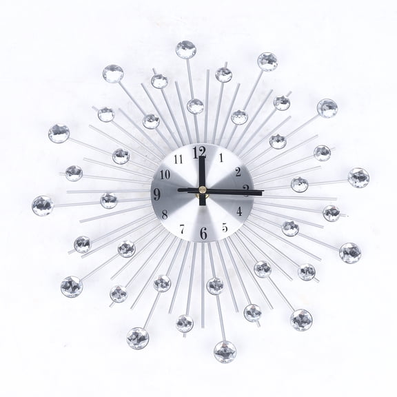 Wall Clock 33cm Silent Quartz Movement, Metal & Crystal, Silver Finish, Easy Read Dial, for Living Room Kitchen Office Home Decor